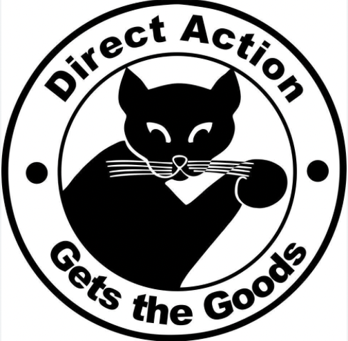 An emblem showing a black cat grooming itself, with the words Direct Action Gets the Goods